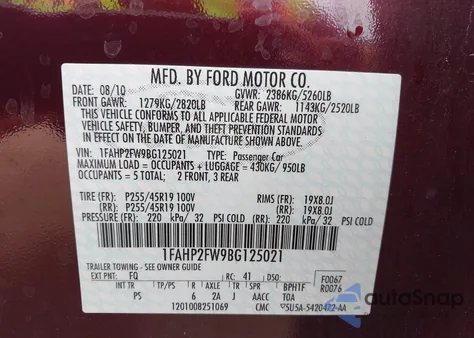 2011 Ford Taurus Limited z USA, uszkodzony, nr VIN 1FAHP2FW9BG125021